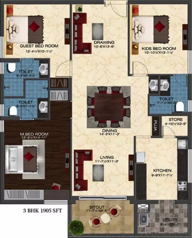 Floor plan of 3 BHK 1905 Sq. Ft. Apartment in Ashoka Liviano, Hyderabad