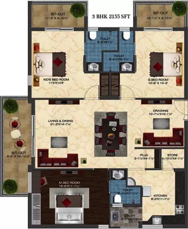 Floor plan of 3 BHK 2155 Sq. Ft. Apartment in Ashoka Liviano, Hyderabad