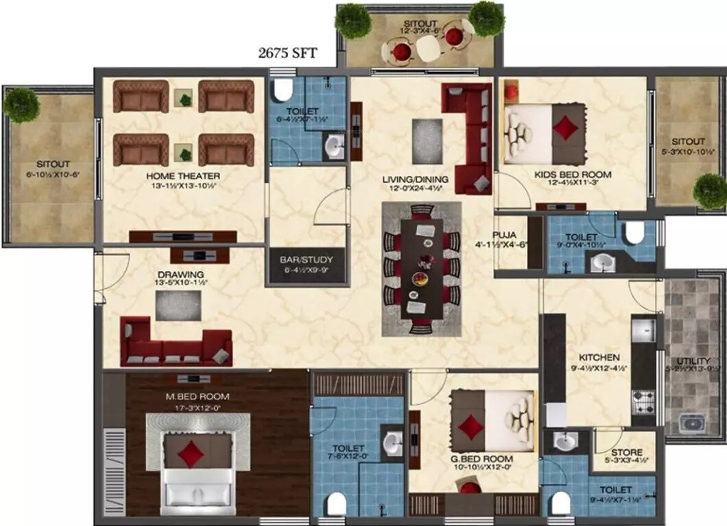 Floor plan of 3 BHK 2675 Sq. Ft. Apartment in Ashoka Liviano, Hyderabad