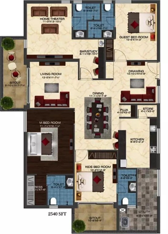 Floor plan of 4 BHK 2540 Sq. Ft. Apartment in Ashoka Liviano, Hyderabad