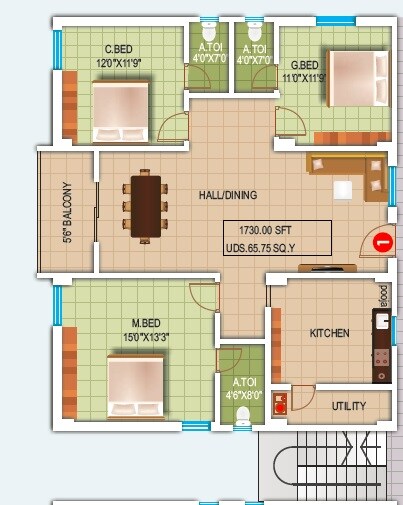 3 BHK 1730 Sq. Ft. Apartment