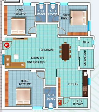 3 BHK 1850 Sq. Ft. Apartment