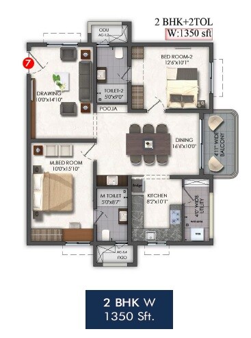 Floor plan of 2 BHK 1350 Sq. Ft. Apartment in Aspire Aarna, Hyderabad