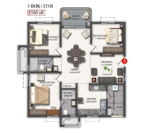 Floor plan of 3 BHK 1560 Sq. Ft. Apartment in Aspire Aarna, Hyderabad