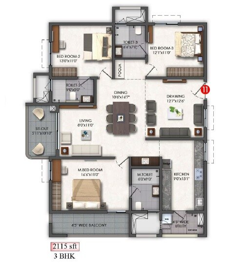 Floor plan of 3 BHK 2115 Sq. Ft. Apartment in Aspire Aarna, Hyderabad