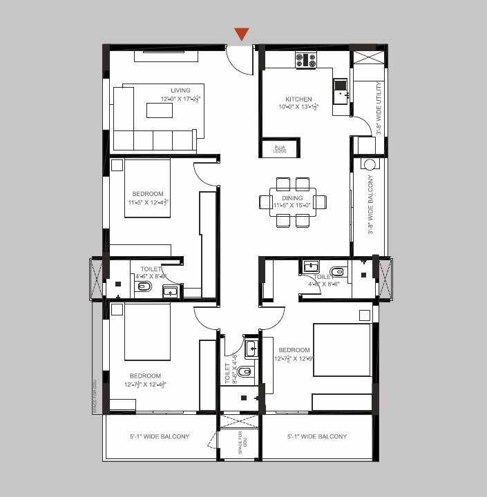 Floor plan of 3 BHK 1694 Sq. Ft. Apartment in ASR Life Spaces, Hyderabad