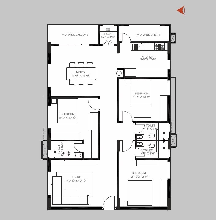 Floor plan of 3 BHK 2332 Sq. Ft. Apartment in ASR Life Spaces, Hyderabad