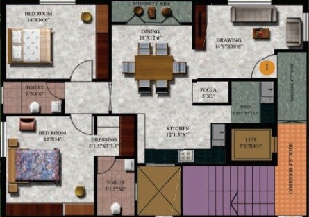 Floor plan of 2 BHK 1312 Sq. Ft. Apartment in Atharva Springs, Hyderabad