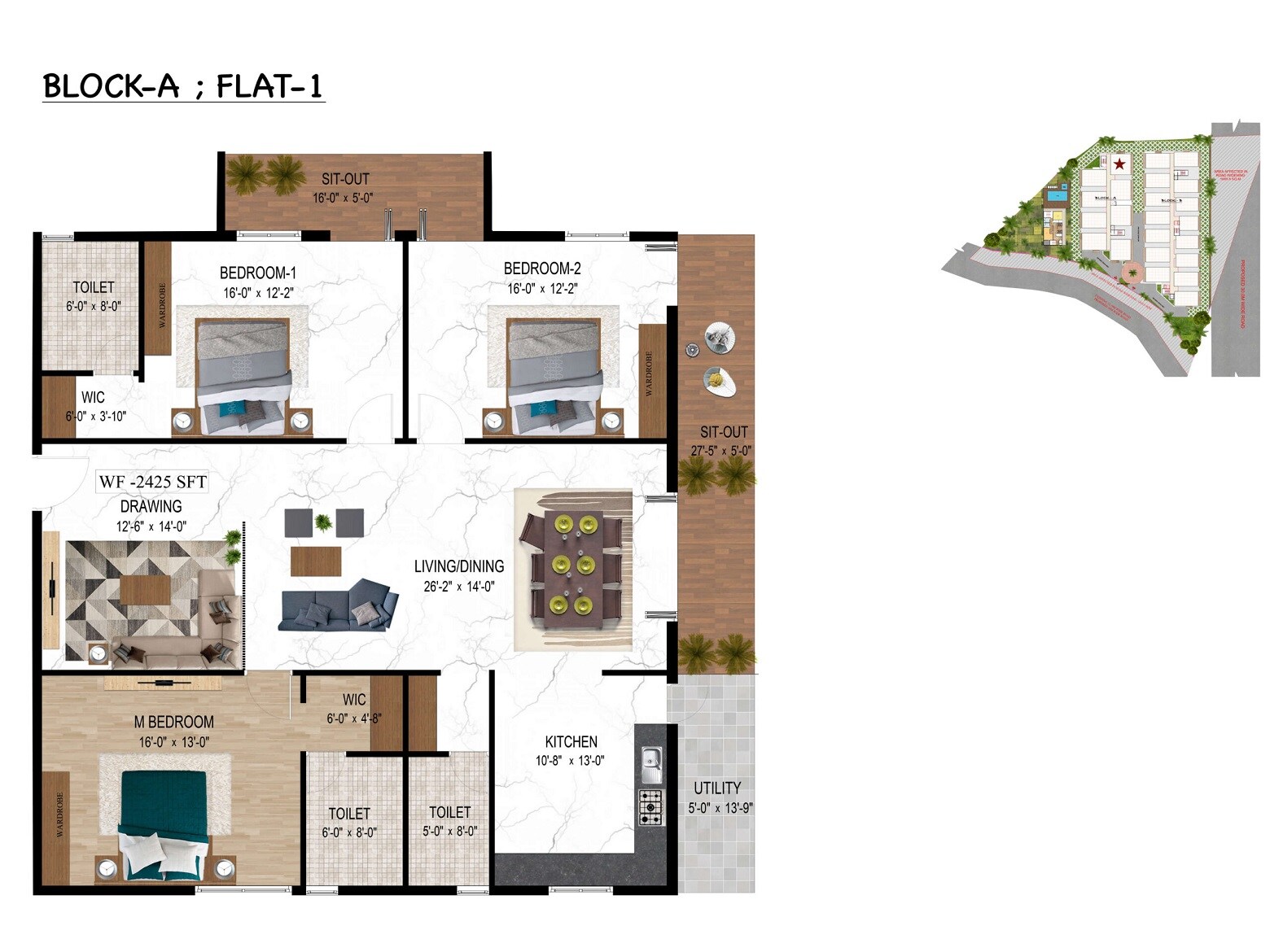 Floor plan of 3 BHK Apartment - 1495 sq. ft. in Atulyam Trident, Hyderabad