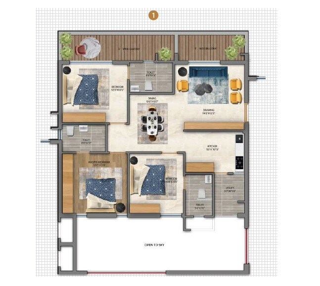 Floor plan of 3 BHK 1505 Sq. Ft. Apartment in Aura Vidha, Hyderabad