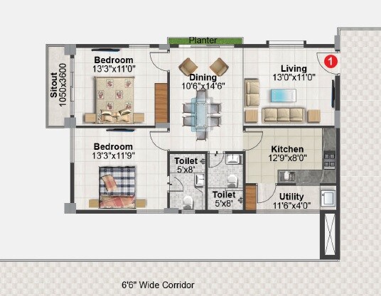 Floor plan of 2 BHK 1175 Sq. Ft. Apartment in AV Chandana Heights, Hyderabad