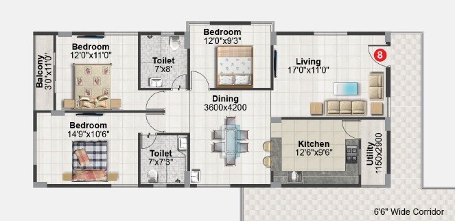 Floor plan of 3 BHK 1495 Sq. Ft. Apartment in AV Chandana Heights, Hyderabad