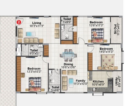 Floor plan of 3 BHK 1834 Sq. Ft. Apartment in AV Chandana Heights, Hyderabad