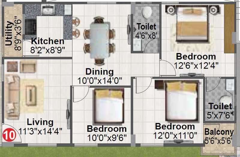 Floor plan of 3 BHK 1225 Sq. Ft. Apartment in AV Hyma Residency, Hyderabad