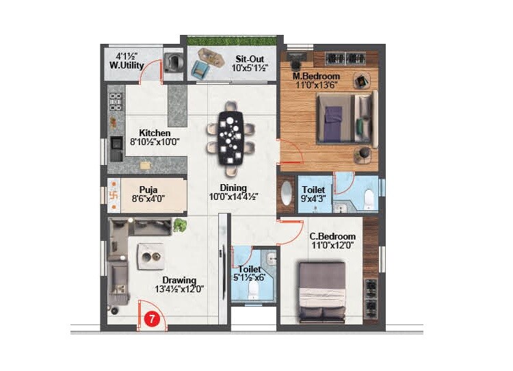 Floor plan of 2 BHK 1390 Sq. Ft. Apartment in Avani Advaitha, Hyderabad