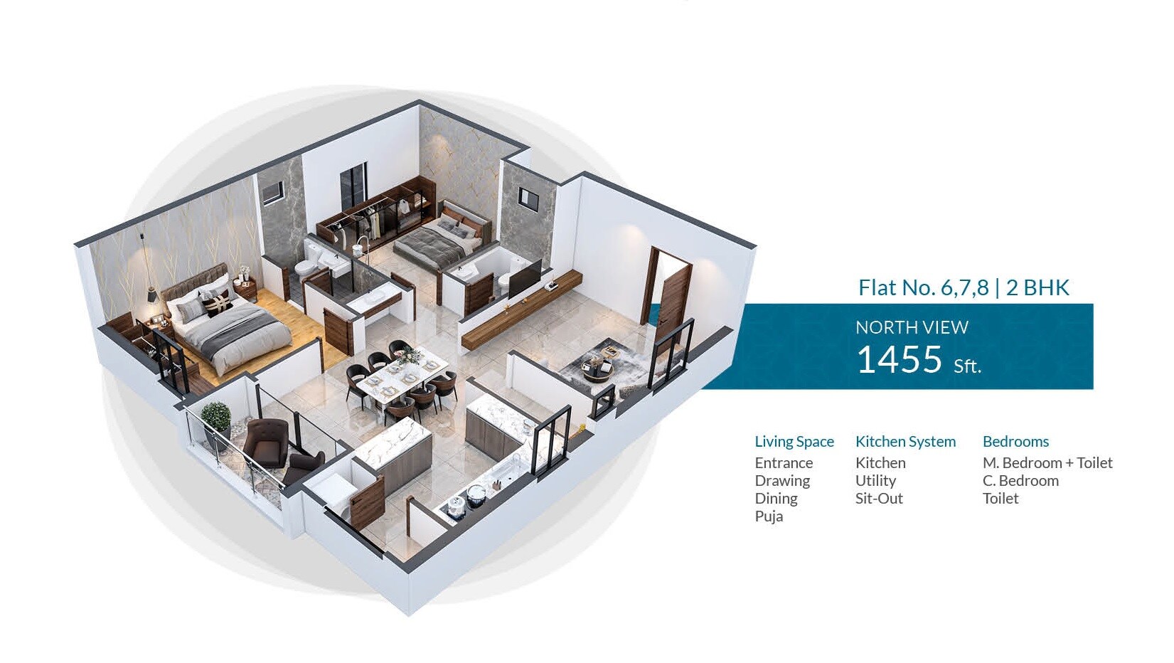 Floor plan of 2 BHK 1455 Sq. Ft. Apartment in Avani Advaitha, Hyderabad