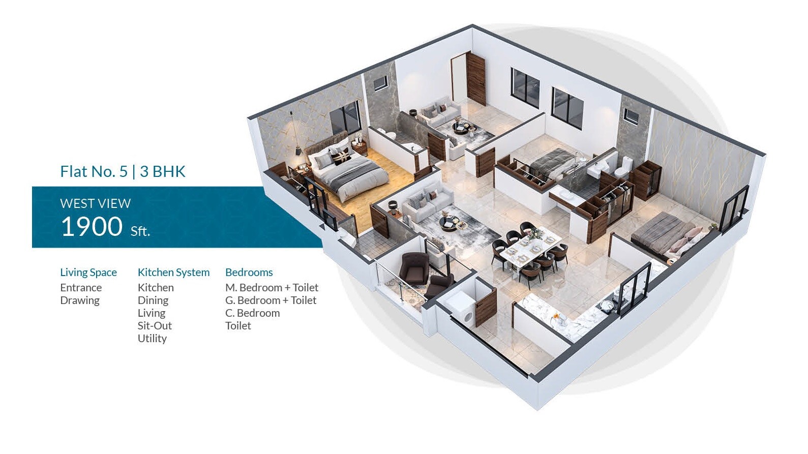 Floor plan of 3 BHK 1900 Sq. Ft. Apartment in Avani Advaitha, Hyderabad