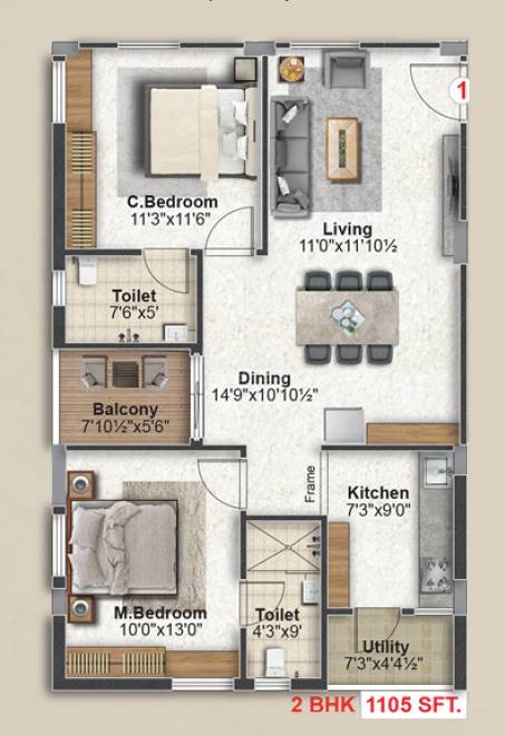 Floor plan of 2 BHK 1105 Sq. Ft. Apartment in Avani Classica, Hyderabad