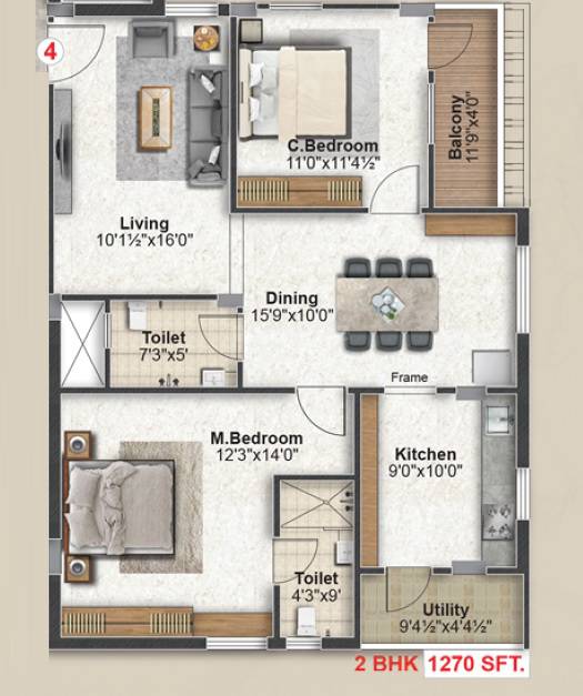 Floor plan of 2 BHK 1270 Sq. Ft. Apartment in Avani Classica, Hyderabad