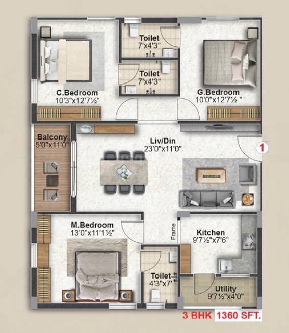 Floor plan of 3 BHK 1360 Sq. Ft. Apartment in Avani Classica, Hyderabad
