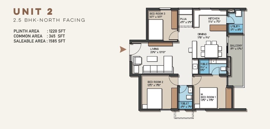 Floor plan of 2 BHK 1585 Sq. Ft. Apartment in Avani Empire, Hyderabad