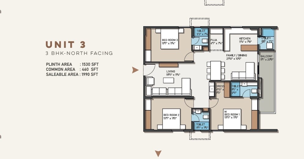 Floor plan of 3 BHK 1990 Sq. Ft. Apartment in Avani Empire, Hyderabad