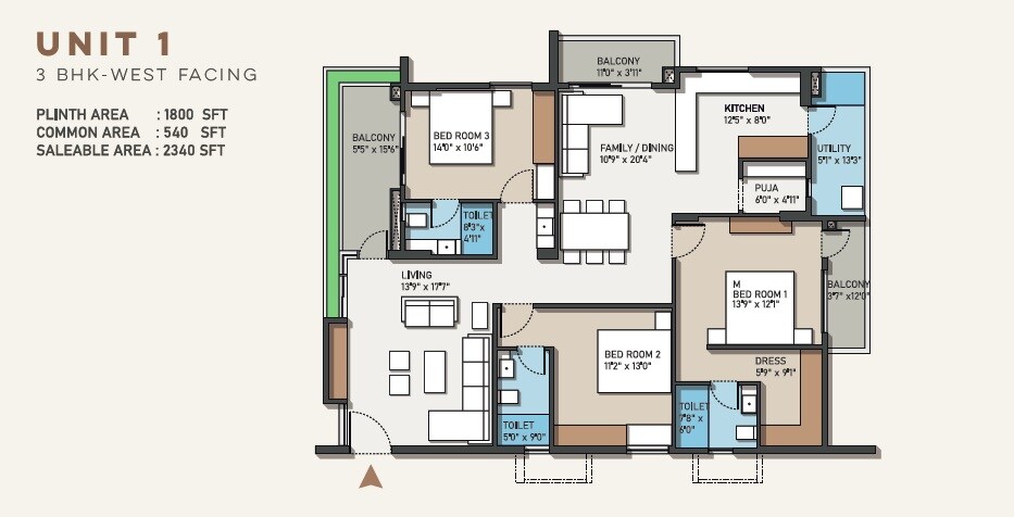 Floor plan of 3 BHK 2340 Sq. Ft. Apartment in Avani Empire, Hyderabad