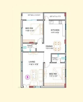 Floor plan of 2 BHK 1270 Sq. Ft. Apartment in Avantika Arudra, Hyderabad