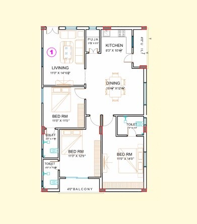 Floor plan of 3 BHK 1545 Sq. Ft. Apartment in Avantika Arudra, Hyderabad