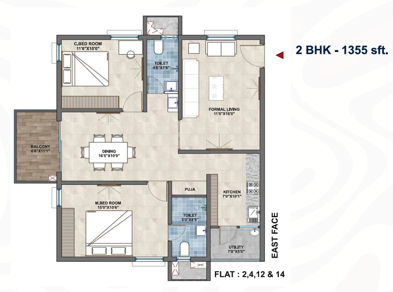 Floor plan of 2 BHK 1355 Sq. Ft. Apartment in Avantika Crisanto, Hyderabad
