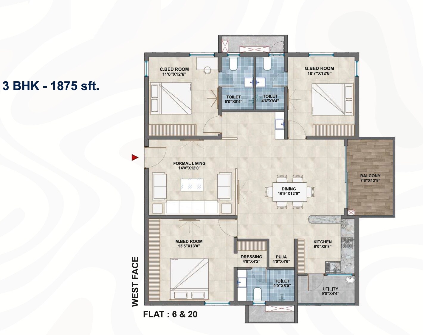 Floor plan of 3 BHK 1875 Sq. Ft. Apartment in Avantika Crisanto, Hyderabad