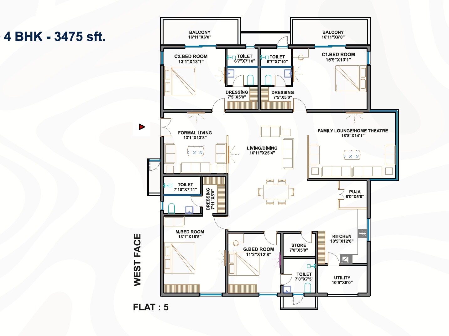 Floor plan of 4 BHK 3475 Sq. Ft. Apartment in Avantika Crisanto, Hyderabad
