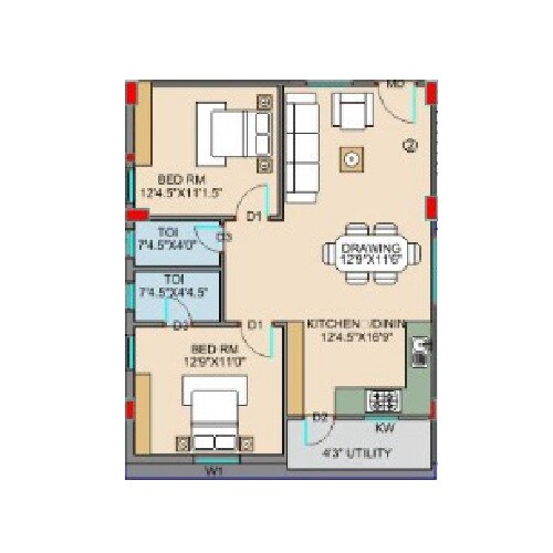Floor plan of 2 BHK 1095 Sq. Ft. Apartment in Avantika Godavari, Hyderabad