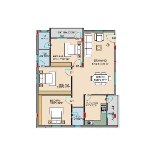 Floor plan of 3 BHK 1540 Sq. Ft. Apartment in Avantika Godavari, Hyderabad