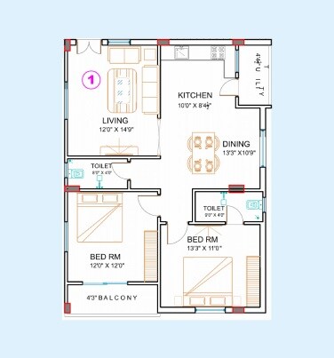 Floor plan of 2 BHK 1235 Sq. Ft. Apartment in Avantika Punarvasu, Hyderabad