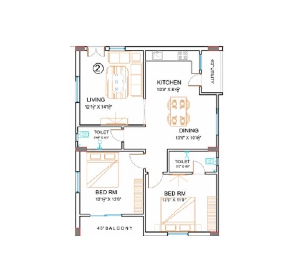 Floor plan of 2 BHK 1235 Sq. Ft. Apartment in Avantika Pushyami, Hyderabad