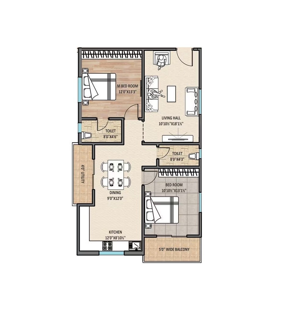 Floor plan of 2 BHK 1248 Sq. Ft. Apartment in Avantika The Espino, Hyderabad