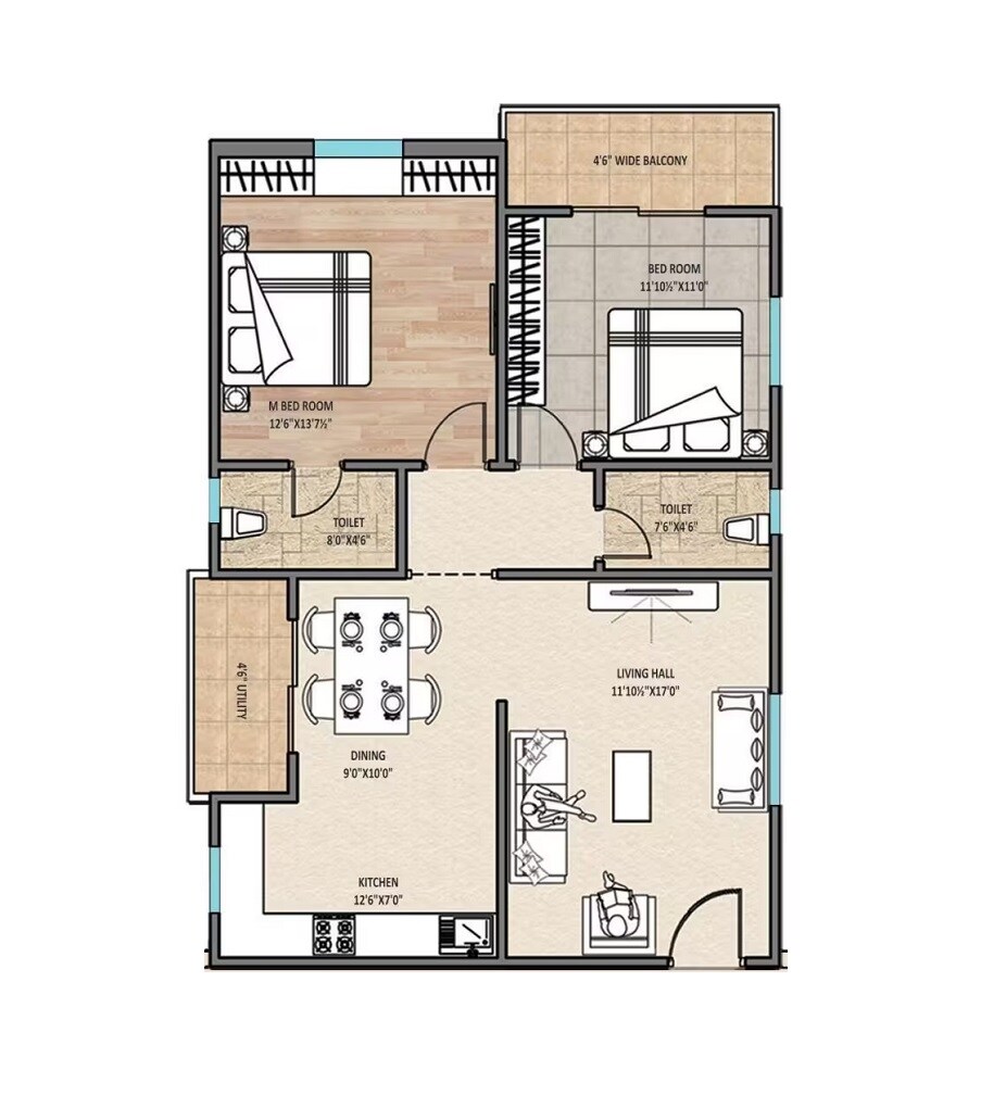 Floor plan of 2 BHK 1300 Sq. Ft. Apartment in Avantika The Espino, Hyderabad