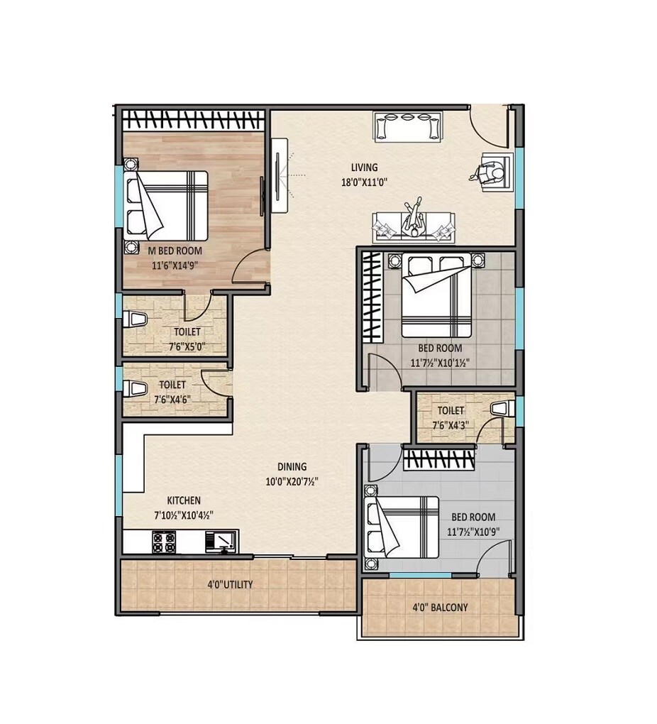 Floor plan of 3 BHK 1660 Sq. Ft. Apartment in Avantika The Espino, Hyderabad