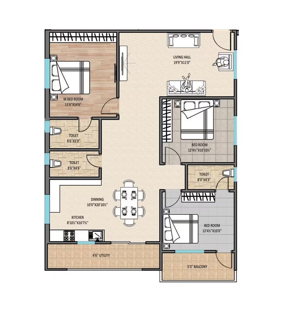Floor plan of 3 BHK 1779 Sq. Ft. Apartment in Avantika The Espino, Hyderabad