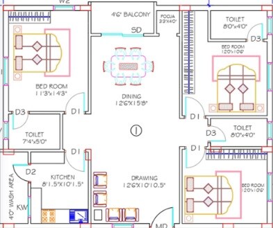 Floor plan of 3 BHK 1515 Sq. Ft. Apartment in Avantikas Bharani, Hyderabad