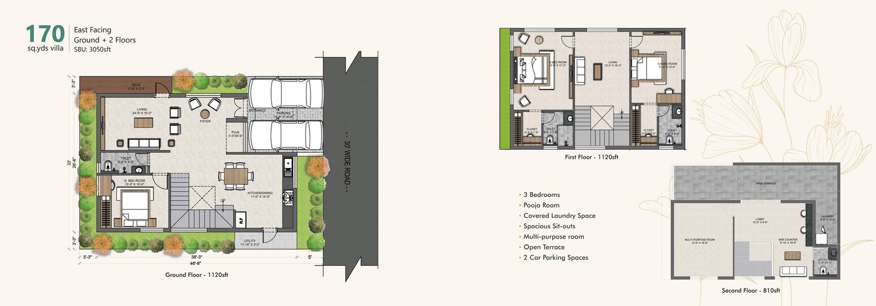 Floor plan of 3 BHK 3050 Sq. Ft. Villa in Avenue Vilasa, Hyderabad