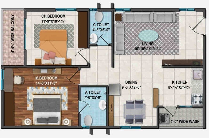 Floor plan of 2 BHK 1125 Sq. Ft. Apartment in Avighna Vibrant Vidhyut, Hyderabad