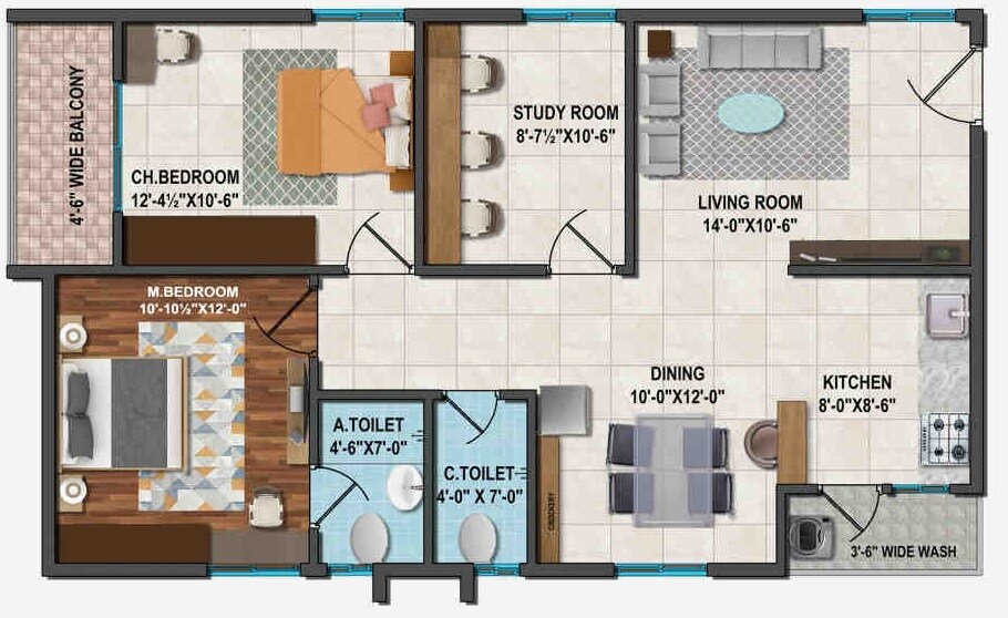 Floor plan of 2 BHK 1215 Sq. Ft. Apartment in Avighna Vibrant Vidhyut, Hyderabad