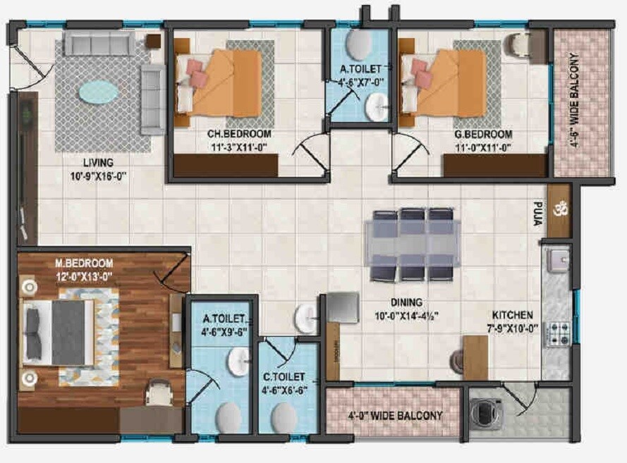 Floor plan of 3 BHK 1615 Sq. Ft. Apartment in Avighna Vibrant Vidhyut, Hyderabad