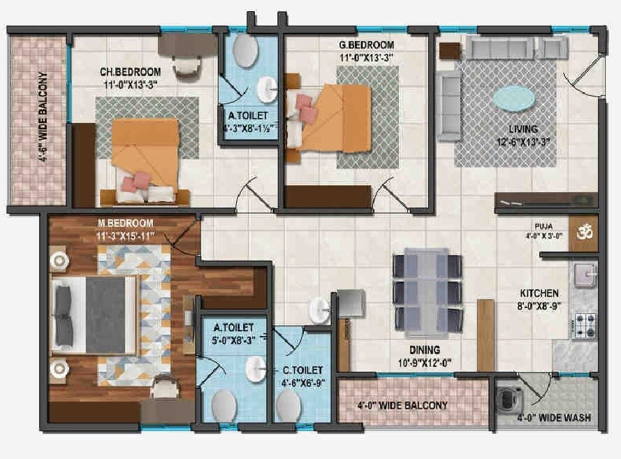 Floor plan of 3 BHK 1670 Sq. Ft. Apartment in Avighna Vibrant Vidhyut, Hyderabad