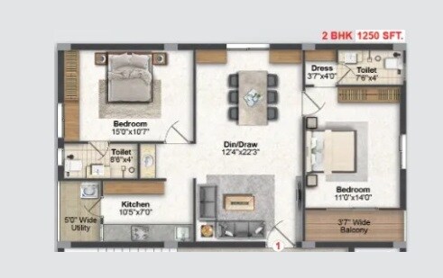 Floor plan of 2 BHK 1250 Sq. Ft. Apartment in Avisa Signature, Hyderabad