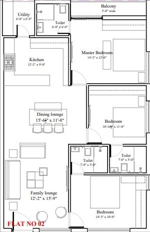 Floor plan of 3 BHK 1660 Sq. Ft. Apartment in Avisun Tamanna Greens, Hyderabad