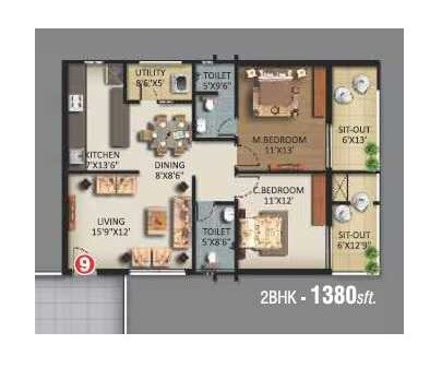 Floor plan of 2 BHK 1380 Sq. Ft. Apartment in AVL Samskruthi, Hyderabad