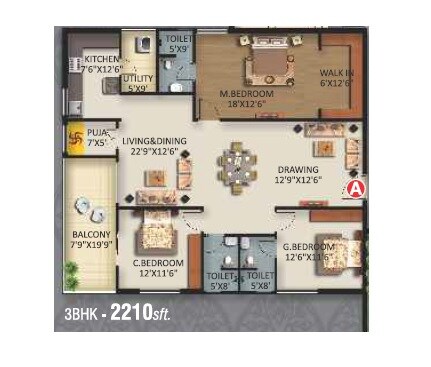 Floor plan of 3 BHK 2210 Sq. Ft. Apartment in AVL Samskruthi, Hyderabad